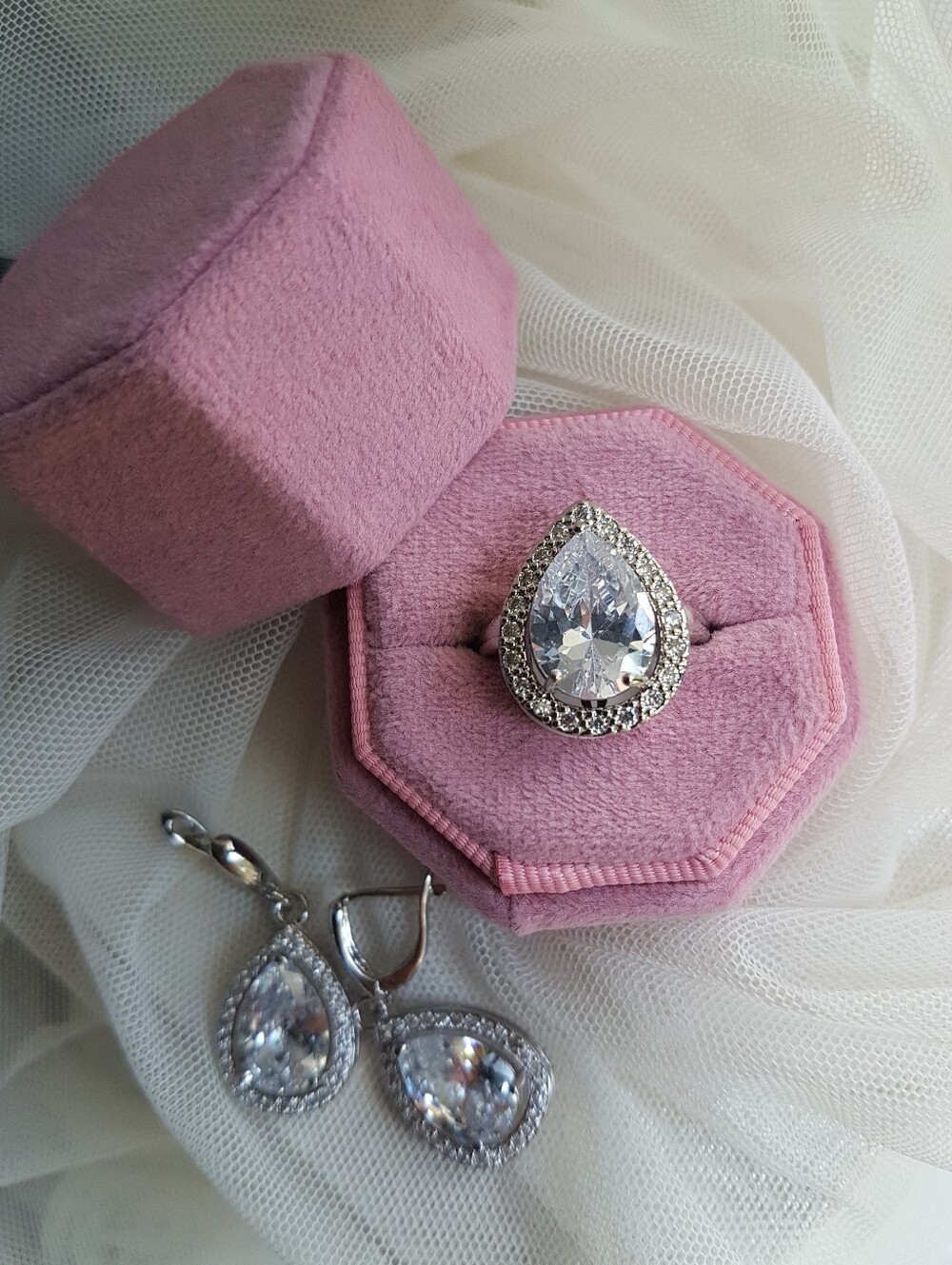Swarovski Elements 925 Silver Large White Sapphire Teardrop Halo Earrings NEW - Picture 5 of 10